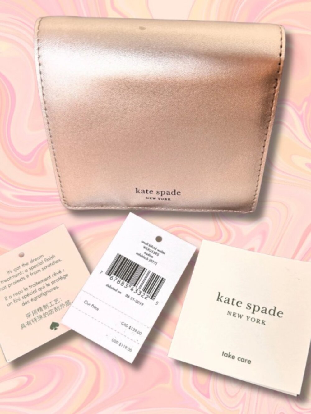 Kate Spade Nadine Small Bifold Wallet Metallic Blush 977 Leather NWT MSRP119